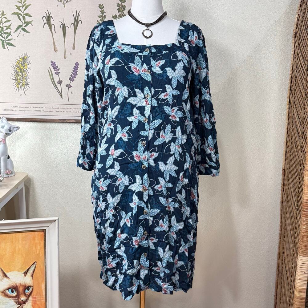 Garnet Hill Floral Crepe Square Neck Button Up Dress Coastal Grandma Cowgirl M